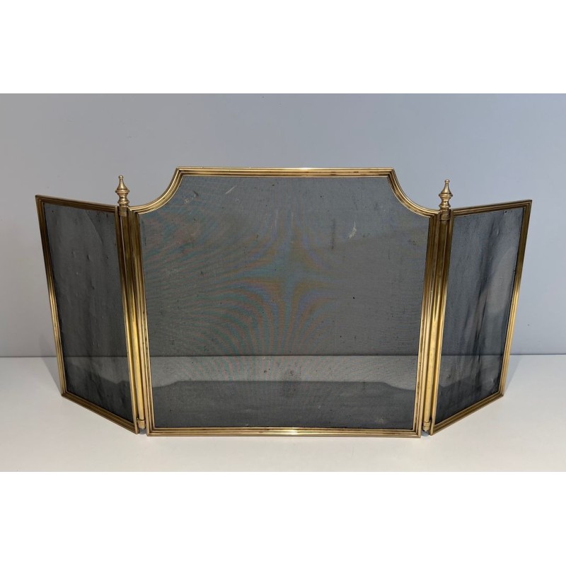 Three-Panel Neoclassical Brass and Wire Mesh Folding Fireplace Screen with Rope-Twist Frame. France. Circa 1970.