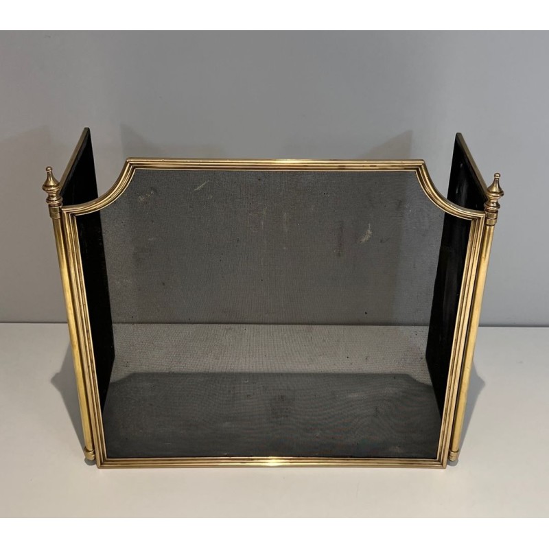 Three-Panel Neoclassical Brass and Wire Mesh Folding Fireplace Screen with Rope-Twist Frame. France. Circa 1970.