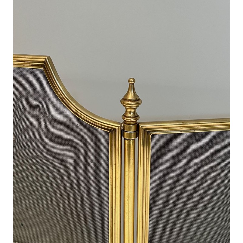 Three-Panel Neoclassical Brass and Wire Mesh Folding Fireplace Screen with Rope-Twist Frame. France. Circa 1970.