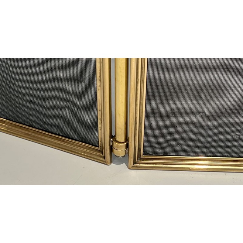 Three-Panel Neoclassical Brass and Wire Mesh Folding Fireplace Screen with Rope-Twist Frame. France. Circa 1970.
