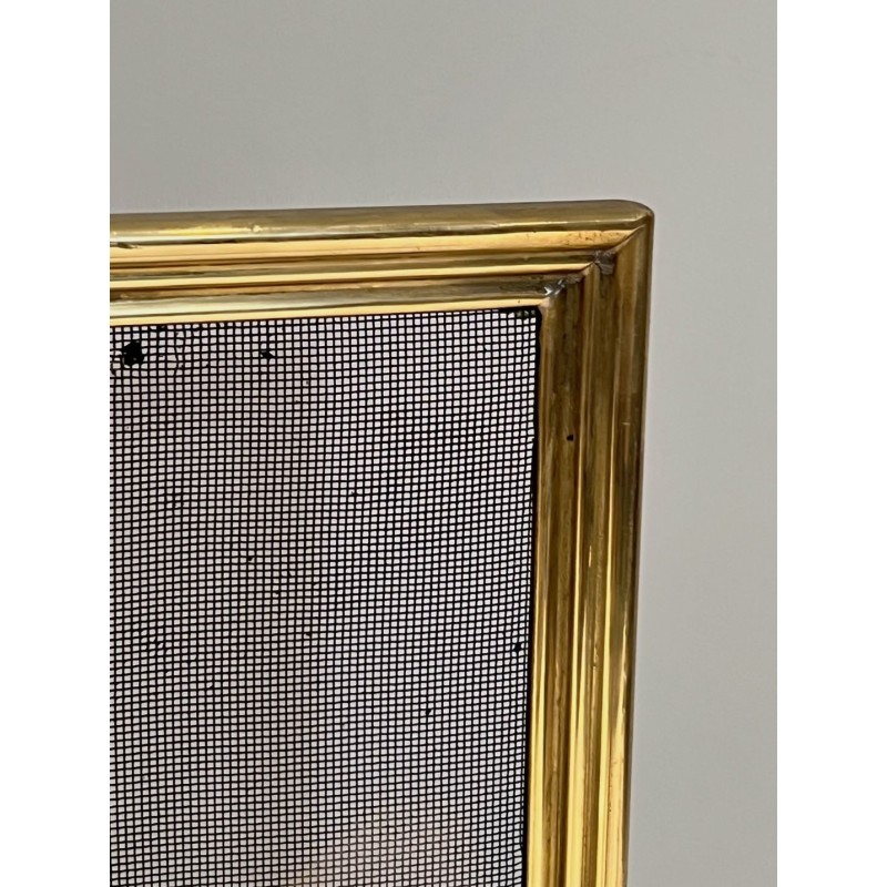 Three-Panel Neoclassical Brass and Wire Mesh Folding Fireplace Screen with Rope-Twist Frame. France. Circa 1970.