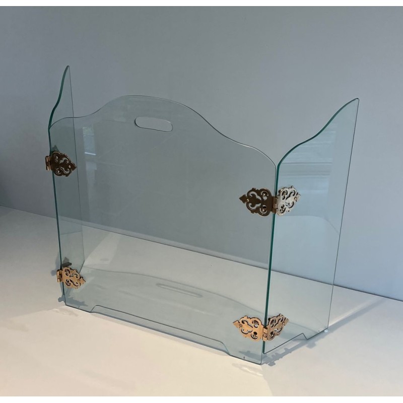 Modernist Folding Glass Fireplace Screen with Ornate Bronze Hinge Medallions. France. Circa 1970.