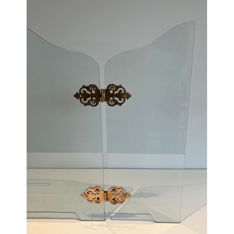 Modernist Folding Glass Fireplace Screen with Ornate Bronze Hinge Medallions. France. Circa 1970.