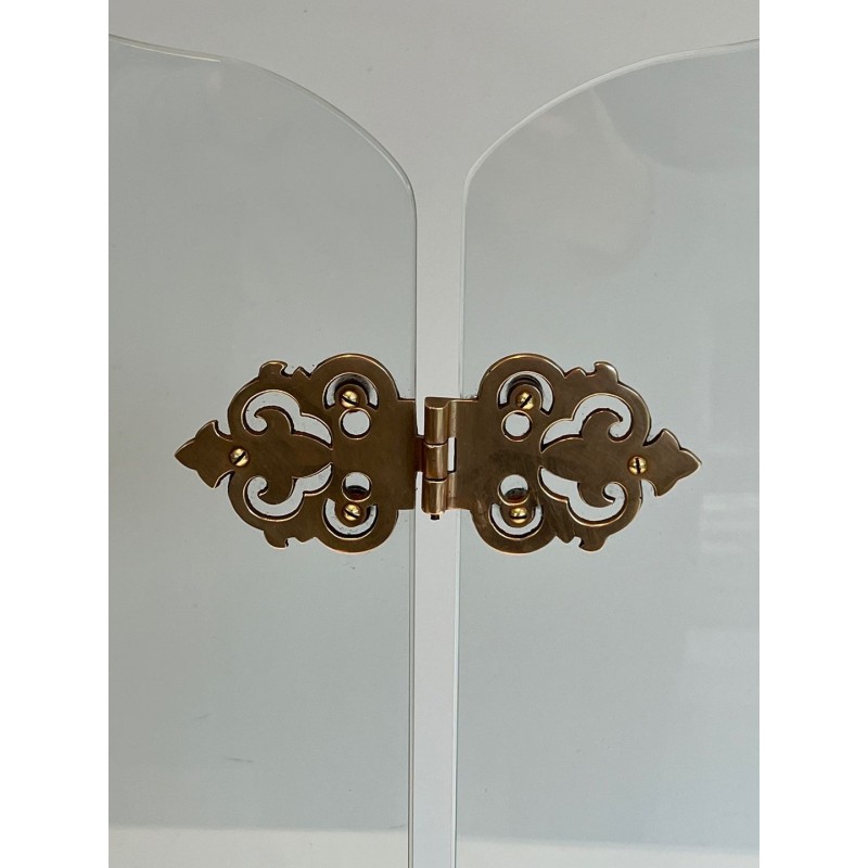 Modernist Folding Glass Fireplace Screen with Ornate Bronze Hinge Medallions. France. Circa 1970.