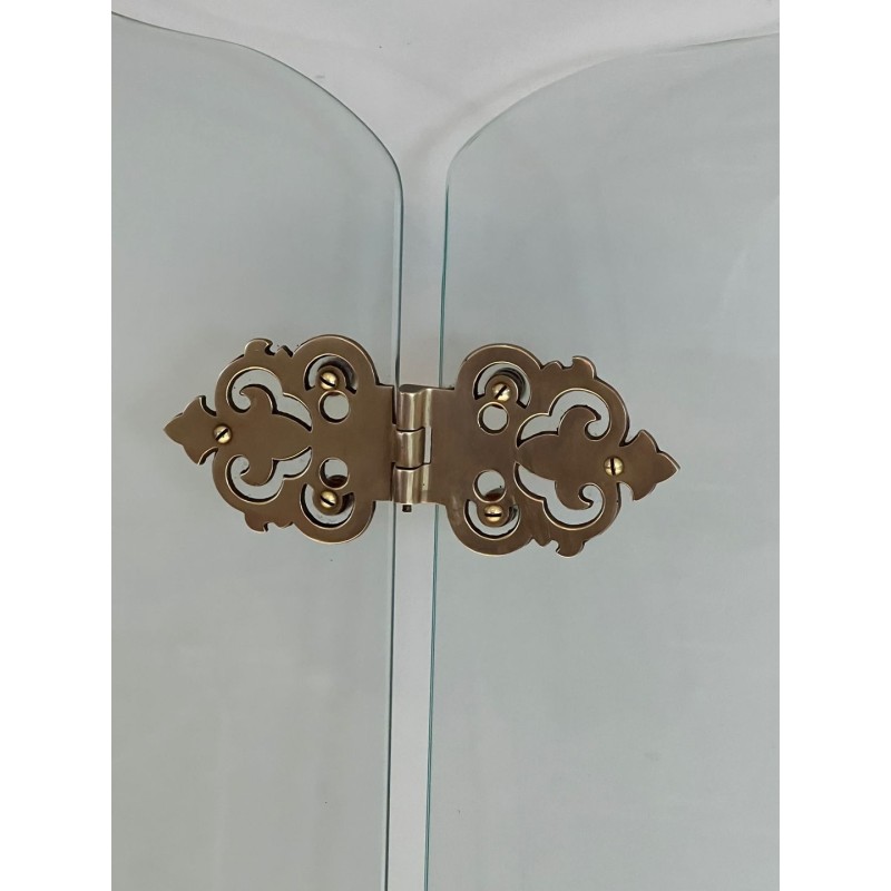 Modernist Folding Glass Fireplace Screen with Ornate Bronze Hinge Medallions. France. Circa 1970.