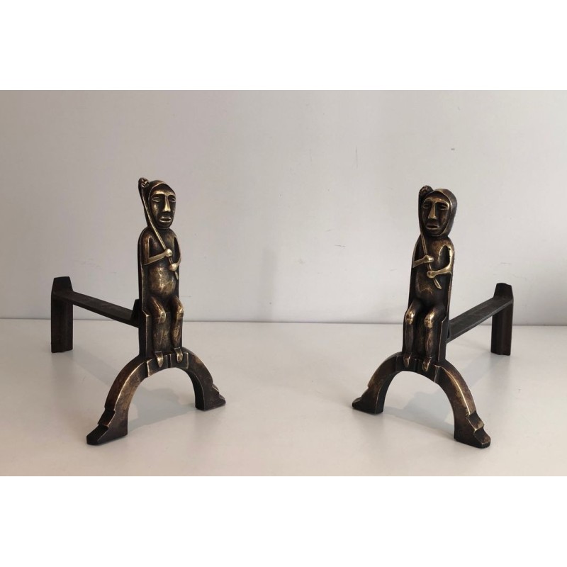 Pair of Bronze Andirons with Seated Shaman Figures, Monogrammed Anton Prinner. France. Circa 1930.