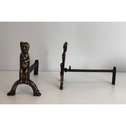 Pair of Bronze Andirons with Seated Shaman Figures, Monogrammed Anton Prinner. France. Circa 1930.
