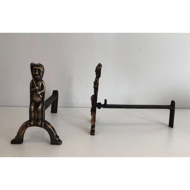 Pair of Bronze Andirons with Seated Shaman Figures, Monogrammed Anton Prinner. France. Circa 1930.