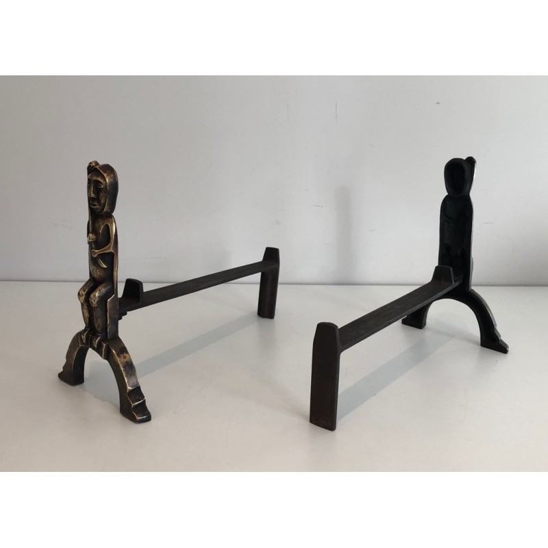Pair of Bronze Andirons with Seated Shaman Figures, Monogrammed Anton Prinner. France. Circa 1930.