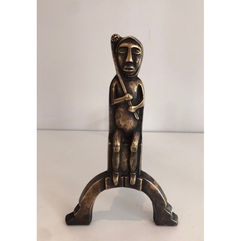 Pair of Bronze Andirons with Seated Shaman Figures, Monogrammed Anton Prinner. France. Circa 1930.