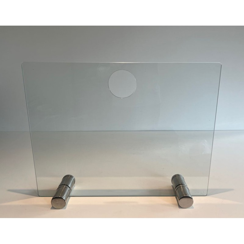 Modernist Single-Panel Glass and Chrome Fireplace Screen with Circular Aperture. France. Circa 1970.