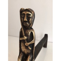 Pair of Bronze Andirons with Seated Shaman Figures, Monogrammed Anton Prinner. France. Circa 1930.