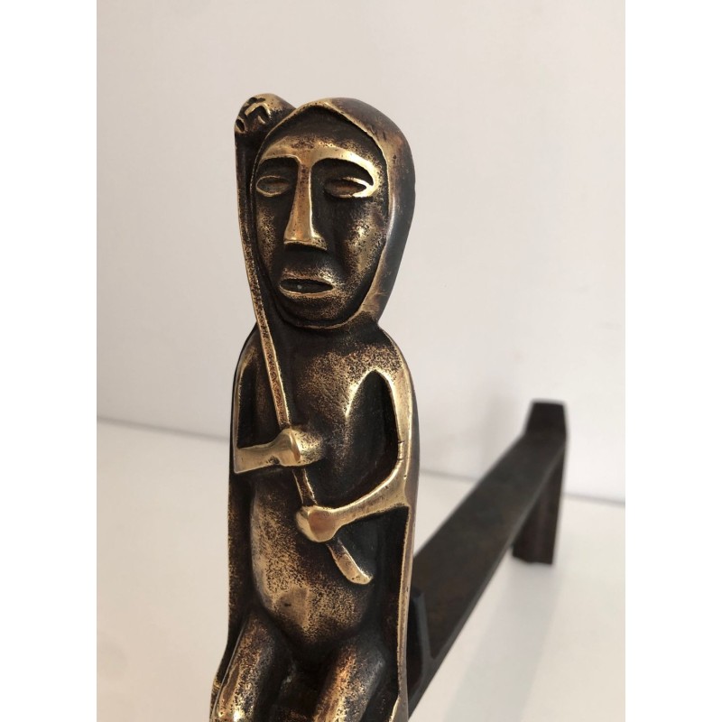 Pair of Bronze Andirons with Seated Shaman Figures, Monogrammed Anton Prinner. France. Circa 1930.
