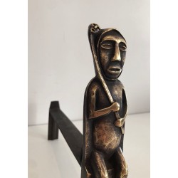 Pair of Bronze Andirons with Seated Shaman Figures, Monogrammed Anton Prinner. France. Circa 1930.