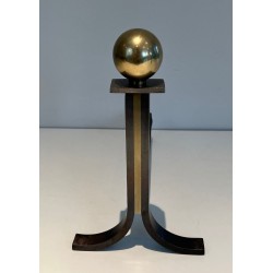 Pair of Modernist Steel and Brass Ball-Finial Andirons in the Manner of Jacques Adnet. France. Circa 1940.