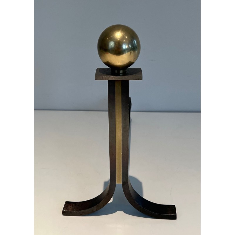 Pair of Modernist Steel and Brass Ball-Finial Andirons in the Manner of Jacques Adnet. France. Circa 1940.