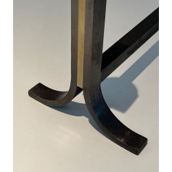 Pair of Modernist Steel and Brass Ball-Finial Andirons in the Manner of Jacques Adnet. France. Circa 1940.
