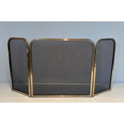 Three-Panel Modernist Brass and Wire Mesh Folding Fireplace Screen with Rounded Frame Profiles. France. Circa 1970.