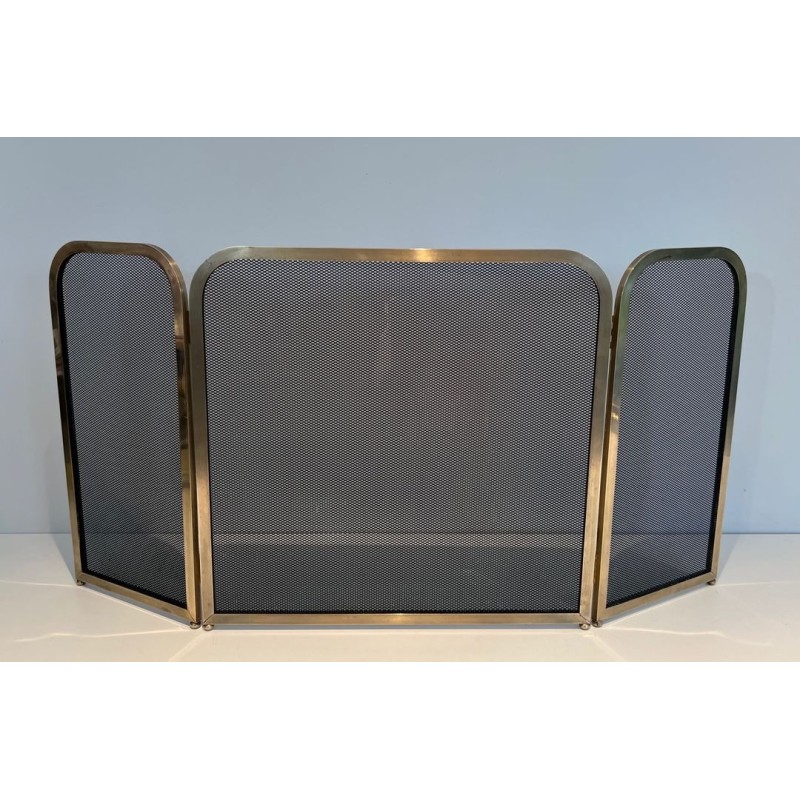 Three-Panel Modernist Brass and Wire Mesh Folding Fireplace Screen with Rounded Frame Profiles. France. Circa 1970.