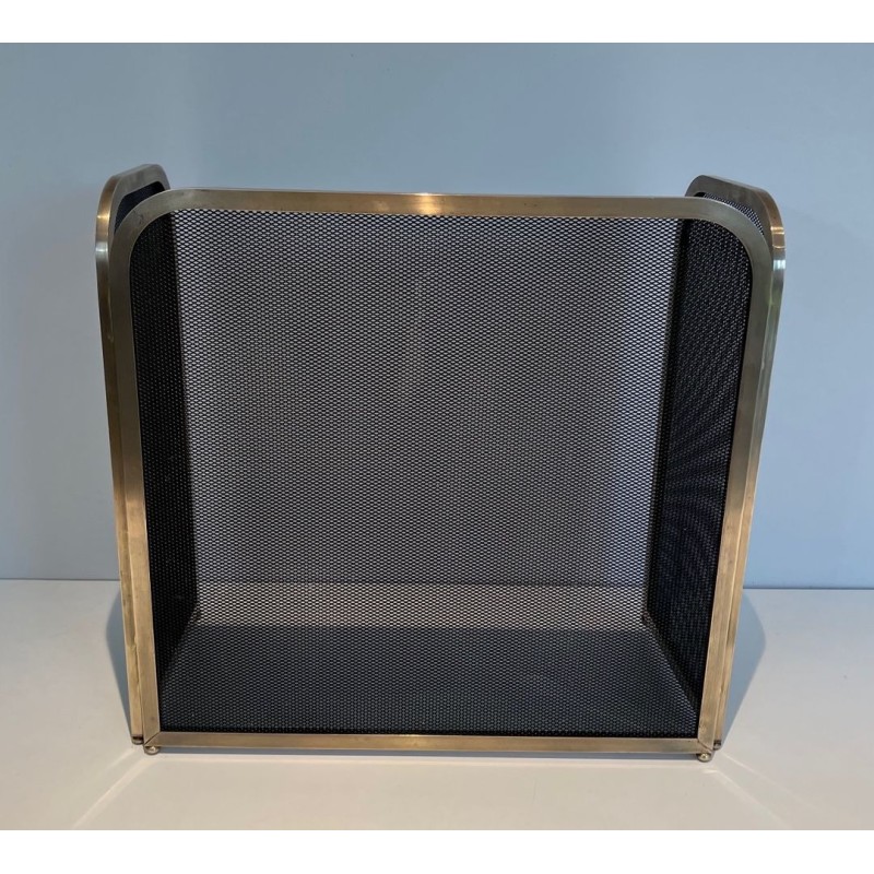 Three-Panel Modernist Brass and Wire Mesh Folding Fireplace Screen with Rounded Frame Profiles. France. Circa 1970.