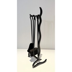 Modernist Black Lacquered Metal Fireplace Companion Set with Flat Sinuous Handles. France. Circa 1970.