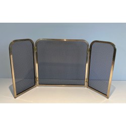 Three-Panel Modernist Brass and Wire Mesh Folding Fireplace Screen with Rounded Frame Profiles. France. Circa 1970.
