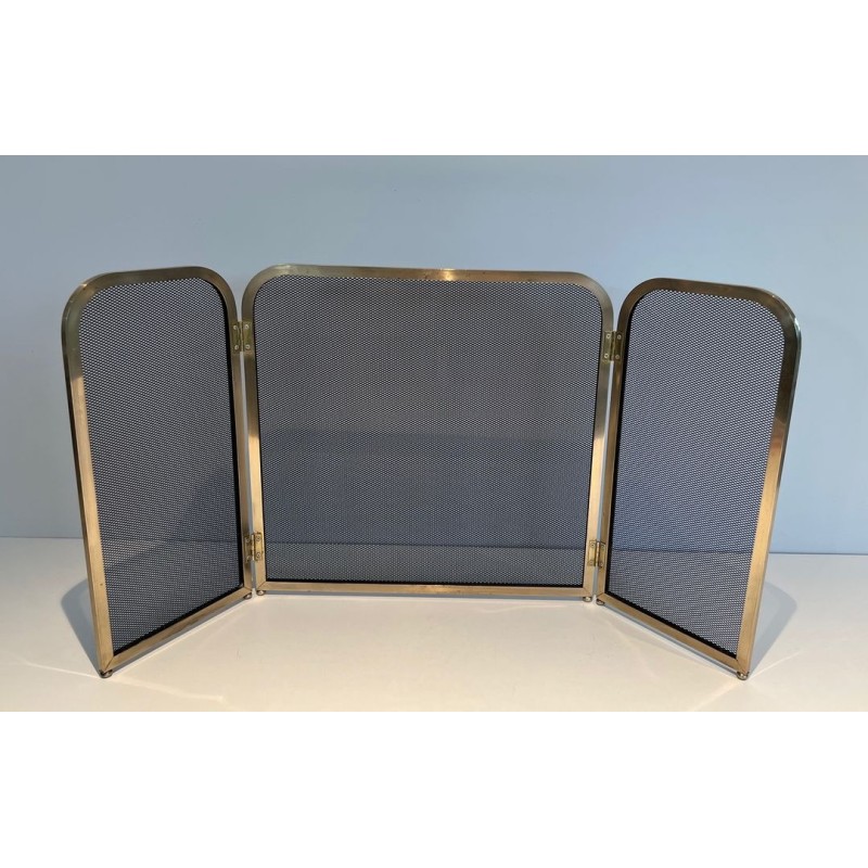 Three-Panel Modernist Brass and Wire Mesh Folding Fireplace Screen with Rounded Frame Profiles. France. Circa 1970.