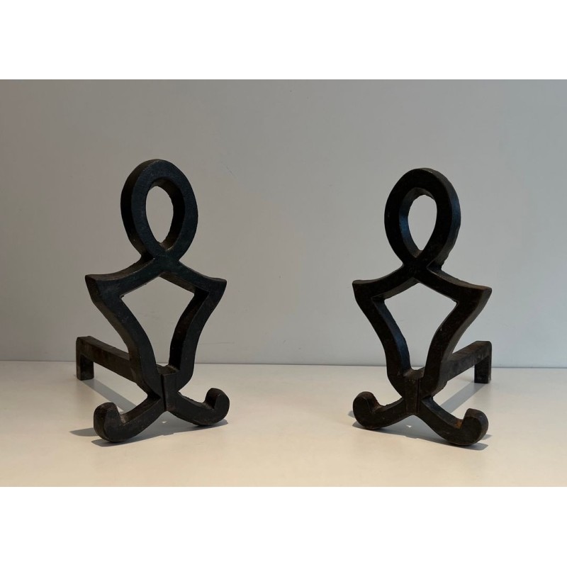 Pair of Wrought Iron Andirons with Oval Loop Finials and Hourglass Uprights by Raymond Subes. France. Circa 1940.