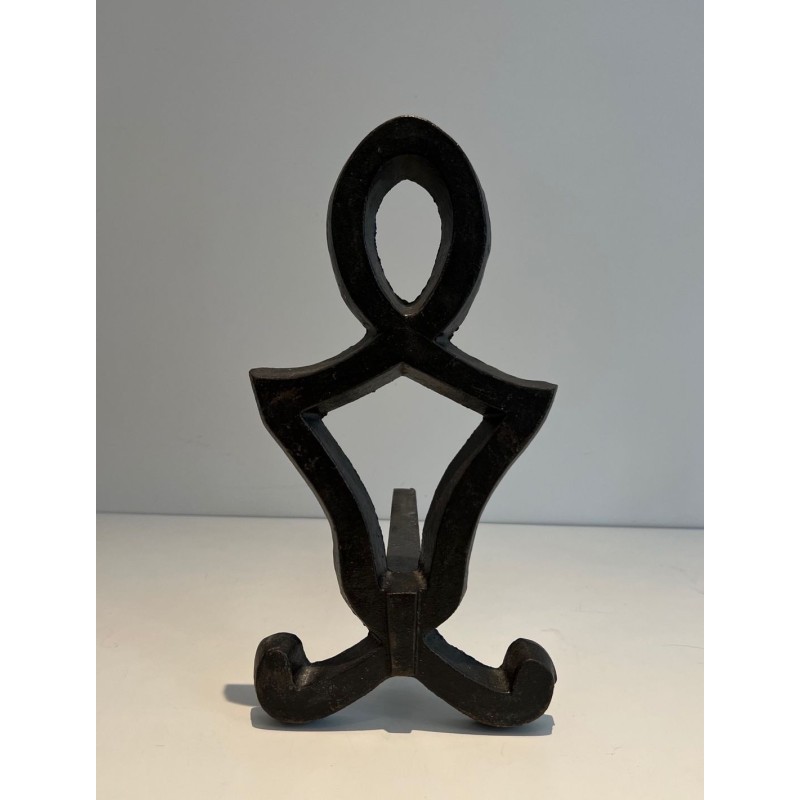 Pair of Wrought Iron Andirons with Oval Loop Finials and Hourglass Uprights by Raymond Subes. France. Circa 1940.