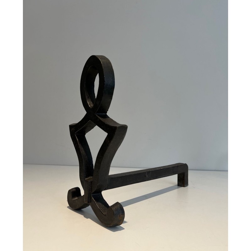 Pair of Wrought Iron Andirons with Oval Loop Finials and Hourglass Uprights by Raymond Subes. France. Circa 1940.
