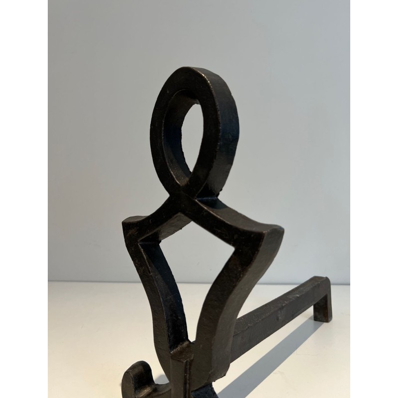 Pair of Wrought Iron Andirons with Oval Loop Finials and Hourglass Uprights by Raymond Subes. France. Circa 1940.
