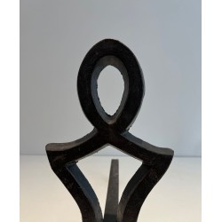 Pair of Wrought Iron Andirons with Oval Loop Finials and Hourglass Uprights by Raymond Subes. France. Circa 1940.