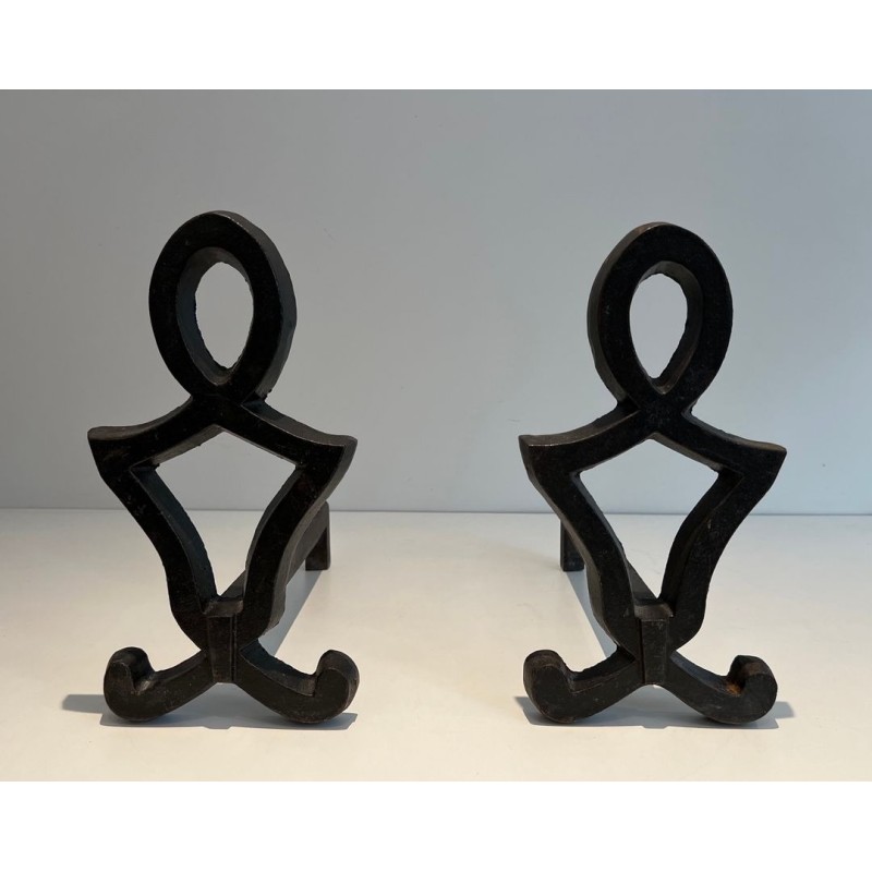 Pair of Wrought Iron Andirons with Oval Loop Finials and Hourglass Uprights by Raymond Subes. France. Circa 1940.