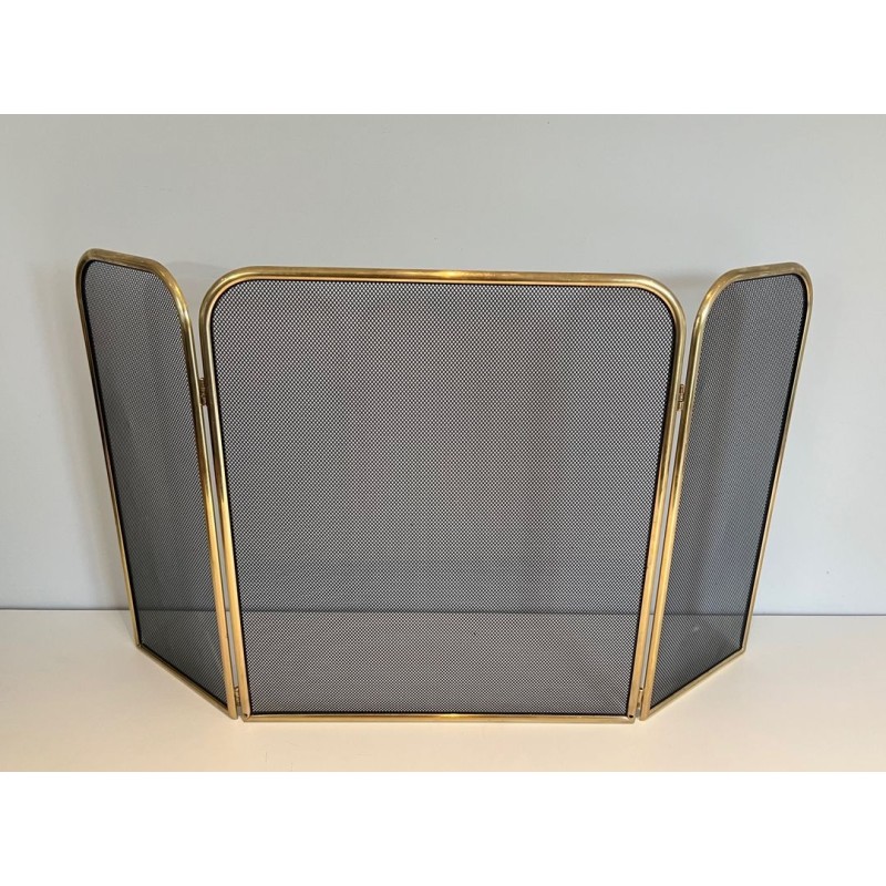 Three-Panel Modernist Brass and Wire Mesh Folding Fireplace Screen with Rounded Frame. France. Circa 1970.