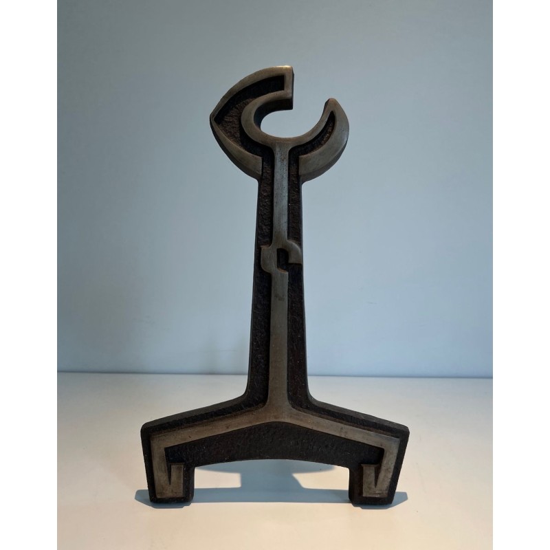 Pair of Modernist Cast Iron Andirons with Open-Ring Finials. France. Circa 1950.