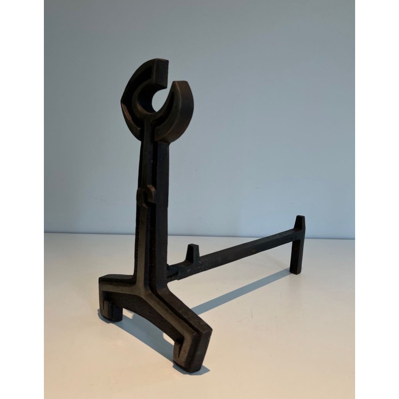 Pair of Modernist Cast Iron Andirons with Open-Ring Finials. France. Circa 1950.