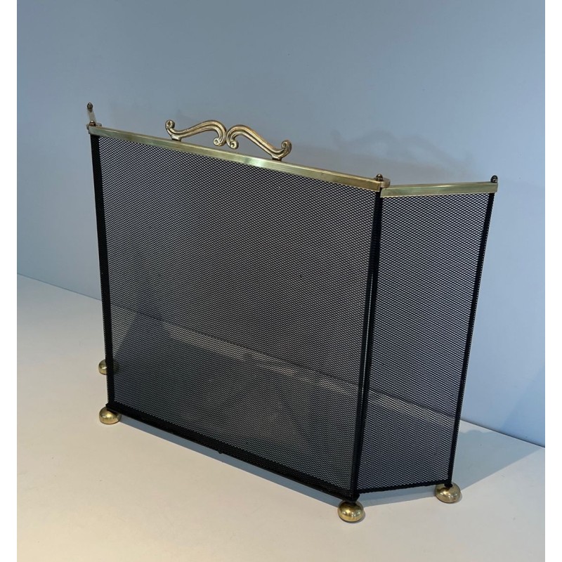 Three-Panel Gilt Brass and Wire Mesh Folding Fireplace Screen with Rococo Scroll Crest Rail and Ball Feet. France. Circa 1970.
