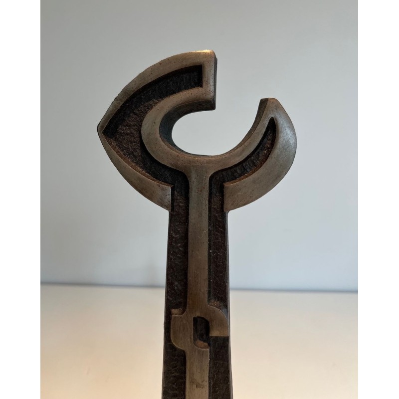 Pair of Modernist Cast Iron Andirons with Open-Ring Finials. France. Circa 1950.