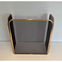 Three-Panel Modernist Brass and Wire Mesh Folding Fireplace Screen with Rounded Frame. France. Circa 1970.