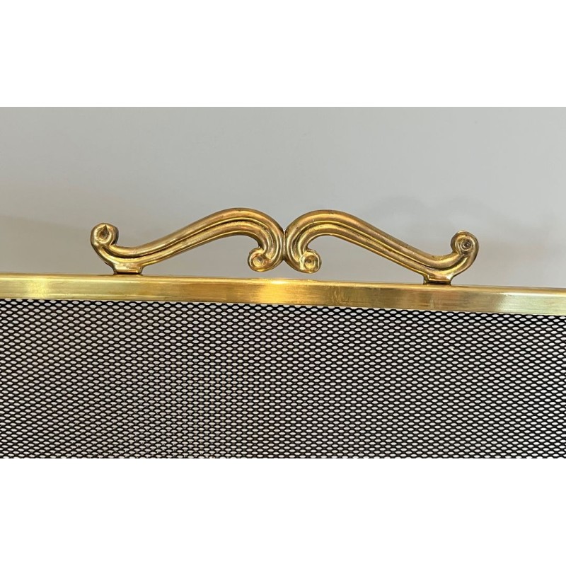 Three-Panel Gilt Brass and Wire Mesh Folding Fireplace Screen with Rococo Scroll Crest Rail and Ball Feet. France. Circa 1970.