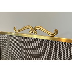 Three-Panel Gilt Brass and Wire Mesh Folding Fireplace Screen with Rococo Scroll Crest Rail and Ball Feet. France. Circa 1970.