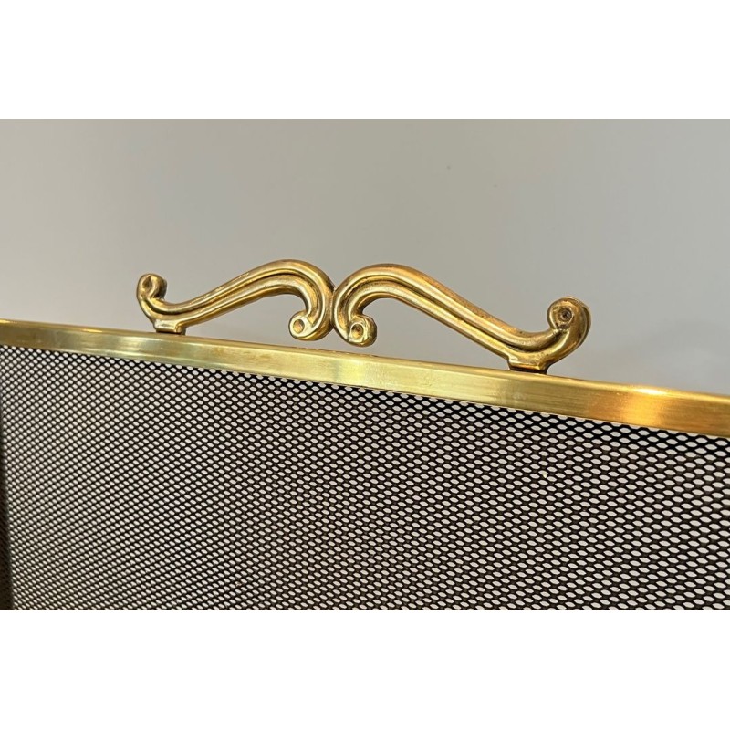 Three-Panel Gilt Brass and Wire Mesh Folding Fireplace Screen with Rococo Scroll Crest Rail and Ball Feet. France. Circa 1970.