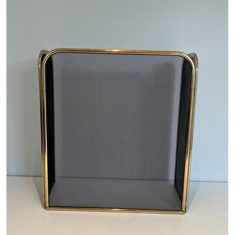 Three-Panel Modernist Brass and Wire Mesh Folding Fireplace Screen with Rounded Frame. France. Circa 1970.