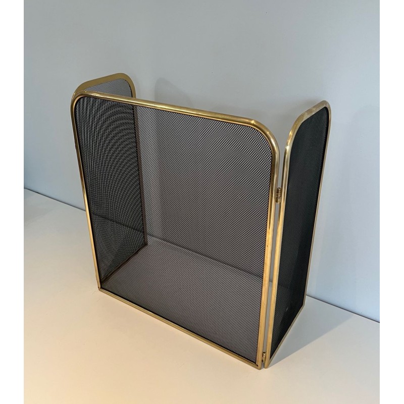 Three-Panel Modernist Brass and Wire Mesh Folding Fireplace Screen with Rounded Frame. France. Circa 1970.