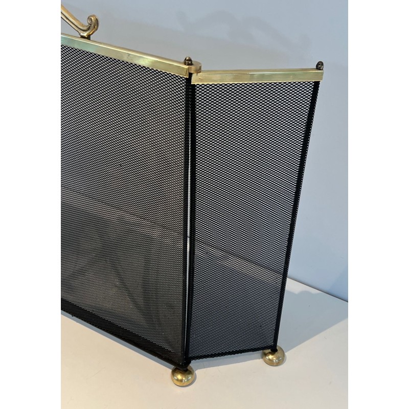 Three-Panel Gilt Brass and Wire Mesh Folding Fireplace Screen with Rococo Scroll Crest Rail and Ball Feet. France. Circa 1970.