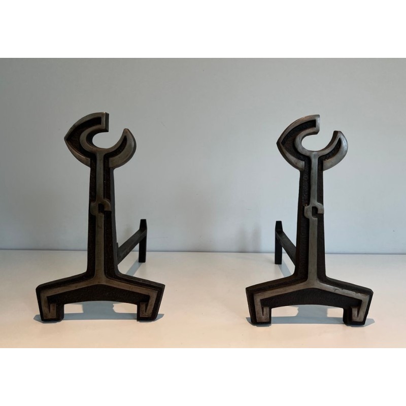 Pair of Modernist Cast Iron Andirons with Open-Ring Finials. France. Circa 1950.
