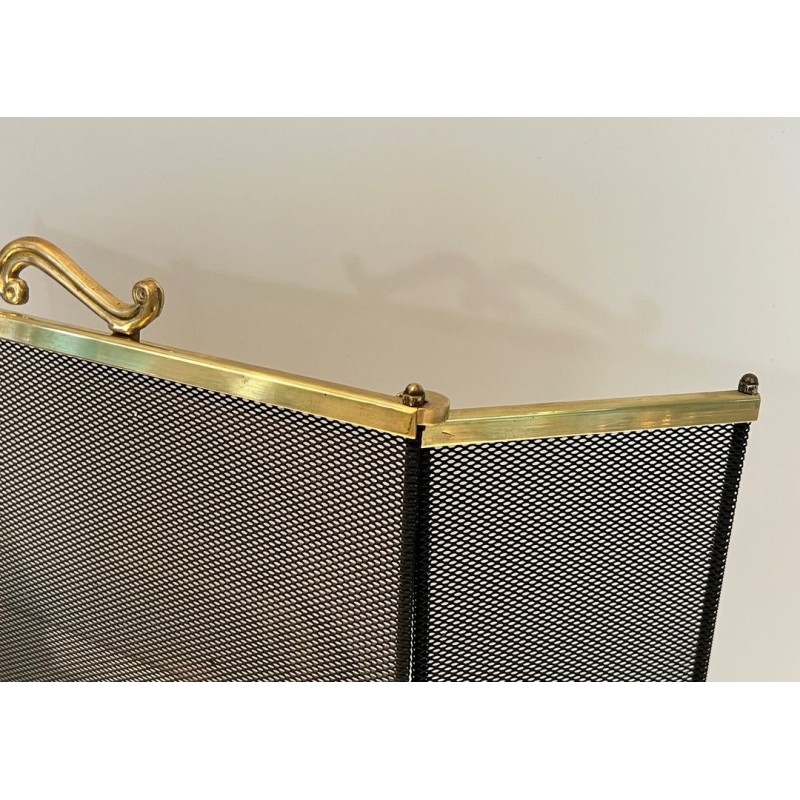 Three-Panel Gilt Brass and Wire Mesh Folding Fireplace Screen with Rococo Scroll Crest Rail and Ball Feet. France. Circa 1970.