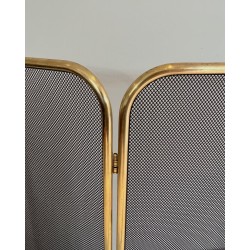 Three-Panel Modernist Brass and Wire Mesh Folding Fireplace Screen with Rounded Frame. France. Circa 1970.