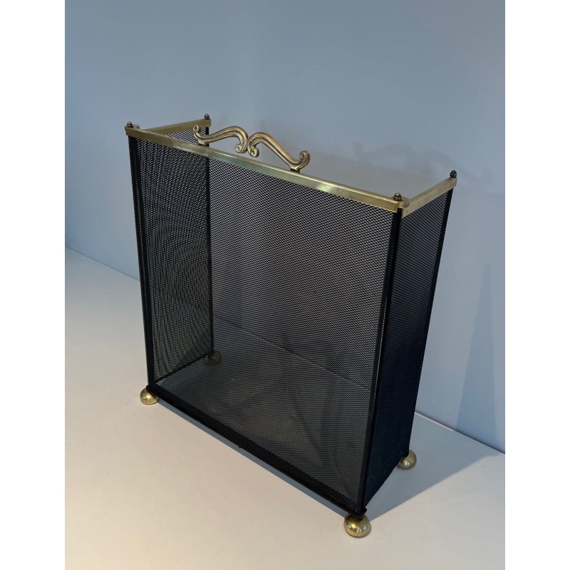 Three-Panel Gilt Brass and Wire Mesh Folding Fireplace Screen with Rococo Scroll Crest Rail and Ball Feet. France. Circa 1970.