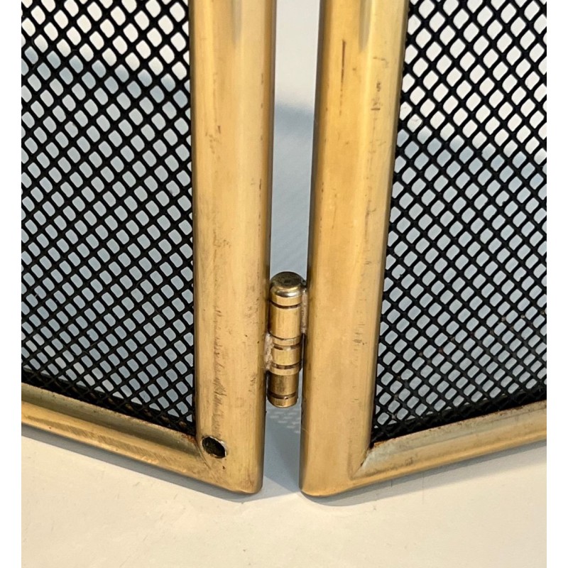 Three-Panel Modernist Brass and Wire Mesh Folding Fireplace Screen with Rounded Frame. France. Circa 1970.